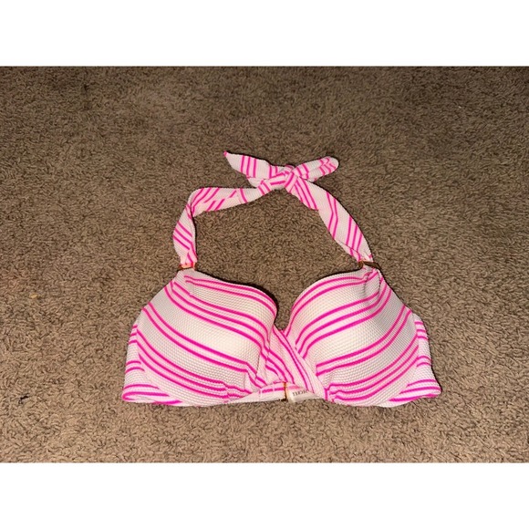 Victoria Secret Swim Bikini Top 32A Pink White Stripe Halter Unforgettable - Picture 1 of 3
